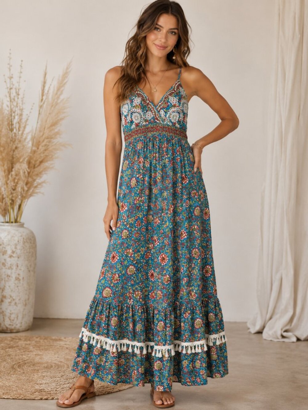 Boho Floral Maxi Dress – Made in India – Art Silk Blend – Size M/L (Adjustable F